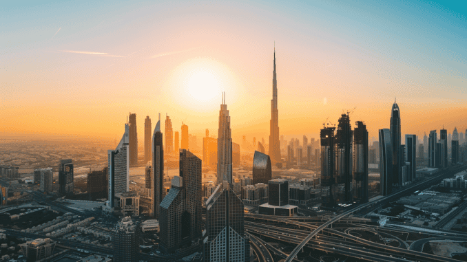 Dubai Skyline bei Sonnenaufgang mit Burj Khalifa Die Skyline von Dubai im Sonnenaufgang mit Burj Khalifa. Nach Dubai auswandern