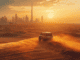 Jeep fährt über die Dünen in der Wüste, im Hintergrund ist die Skyline von Dubai zu sehen. Jetzt Dubai Urlaub planen