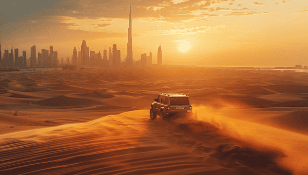 Jeep_sand_Dunes_Dubai_Urlaub_2026 Jeep fährt über die Dünen in der Wüste, im Hintergrund ist die Skyline von Dubai zu sehen. Jetzt Dubai Urlaub planen