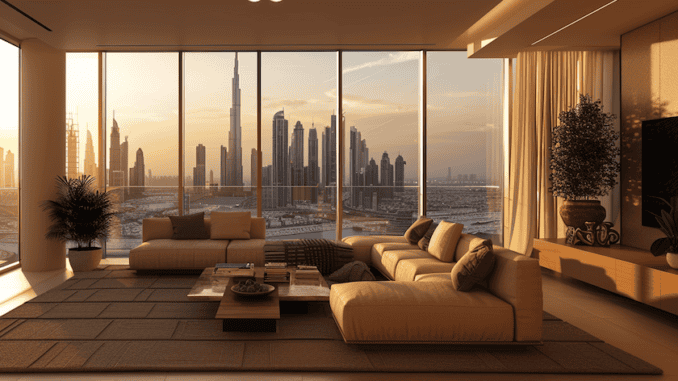 Nach Dubai auswandern 2026_Dubai_ratgeber WUnderschönes stilvolles Apartement mit tollem blick über die Skyline von Dubai. Hier möchte man ungeachtet der Kosten in Dubai Leben.