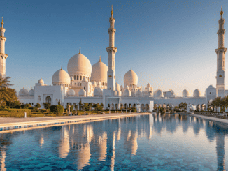 Abu Dhabi Tagesausflug von Dubai, die Sheikh Zayed Grand Mosque im Hintergrund, Wasser im Vordergrund