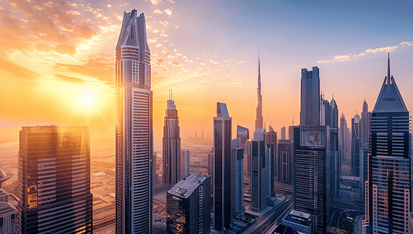 Skyline mit Sonnenaufgang in Dubai Steuern für Expats
