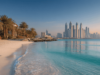 Azur blaues Wasser, heller Strand in Dubai und im Hintergrund die wunderschöne Skyline.
