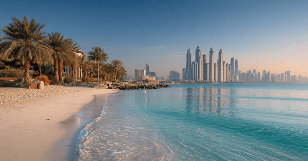 Azur blaues Wasser, heller Strand in Dubai und im Hintergrund die wunderschöne Skyline.