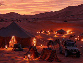 Wüsten Safari Dubai mit Kamelen, Jeeps, Zelten und einer tollen Atmosphäre in den roten Dünen vor Dubai.
