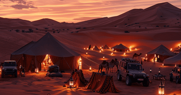 Wüsten Safari Dubai mit Kamelen, Jeeps, Zelten und einer tollen Atmosphäre in den roten Dünen vor Dubai.