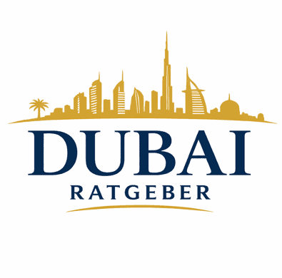 Das Logo vom Dubai Ratgeber in blauer Schrift auf weißem Grund mit der Skyline von Dubai dadrüber in gold