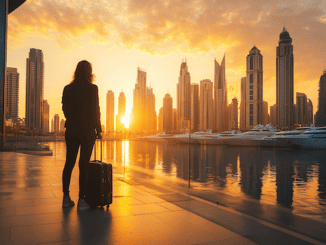 Auswandern nach Dubai. Eine Frau steht mit einem Koffer an der Dubai Marina und genießt den Sonnenuntergang über den Hochhäusern der Dubai Marina.