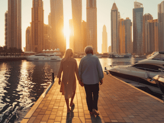 Auswandern nach Dubai als Rentner. Ein Rentner Paar läuft über einen Steg in Dubai Marina