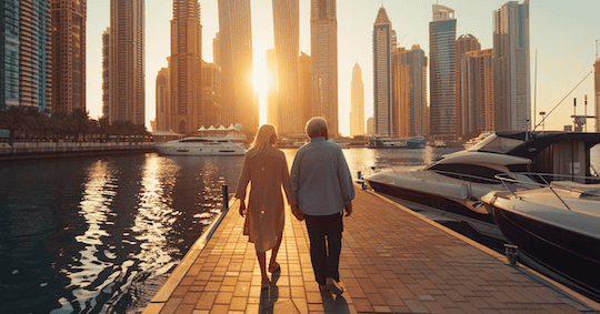 Auswandern nach Dubai als Rentner. Ein Rentner Paar läuft über einen Steg in Dubai Marina