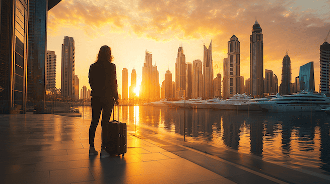 Auswandern nach Dubai. Eine Frau steht mit einem Koffer an der Dubai Marina und genießt den Sonnenuntergang über den Hochhäusern der Dubai Marina.