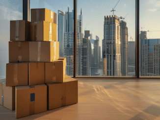 Auswandern nach Dubai. In einer Wohnung in Dubai stehen Umzugskartons vor einem Fenster. IM hintergrund ist die SKyline von DUbai und der Burj Khalifa sichtbar