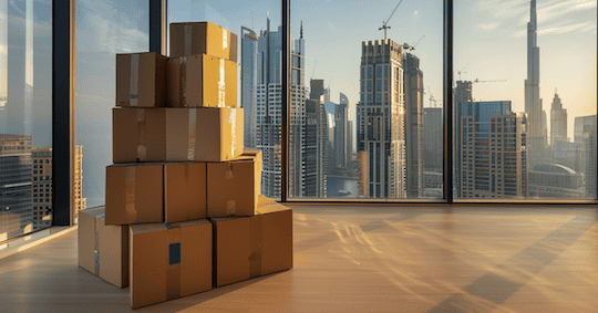 Auswandern nach Dubai. In einer Wohnung in Dubai stehen Umzugskartons vor einem Fenster. IM hintergrund ist die SKyline von DUbai und der Burj Khalifa sichtbar