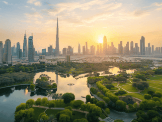 Dubai 2040 der Urban Masterplan. Bild von der Skyline Dubai im Hintergrund und viel Grün und Seen im Vordergrund