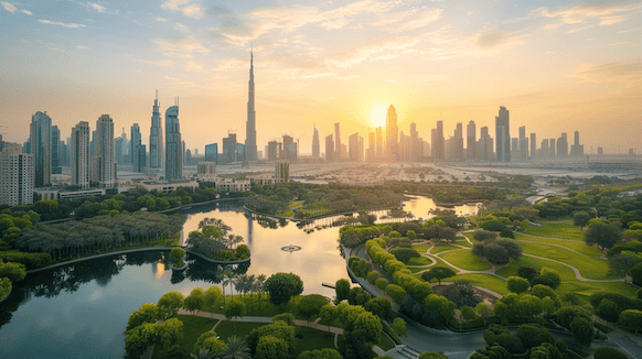 Dubai 2040 Der Urban Master Plan Dubai 2040 der Urban Masterplan. Bild von der Skyline Dubai im Hintergrund und viel Grün und Seen im Vordergrund