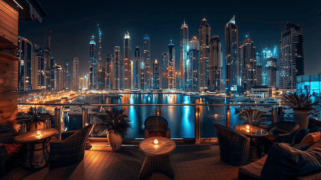 Dubai Nightlife. Hochhäuser in der Dubai Marina bei Nacht fotografiert von einem Rooftop.