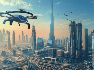 Dubai Verkehr der Zukunft. EIn Flugtaxi fleigt vor der Skyline von dubai