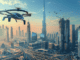 Dubai Verkehr der Zukunft. EIn Flugtaxi fleigt vor der Skyline von dubai