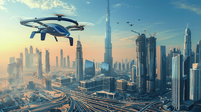 Dubai Verkehr der Zukunft Dubai Verkehr der Zukunft. EIn Flugtaxi fleigt vor der Skyline von dubai