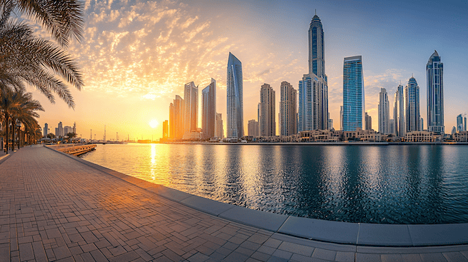 Dubai im Sommer Dubai im Sommer. Sonnenuntergang über der Skyline der Dubai Marina.