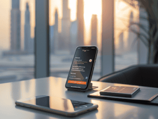 Konto eröffnen in dubai. Ein Handy steht auf einem Schreibtisch. EIne Banking App oist geöffnet. Im Hintergrund sieht man durch bodentiefe Fenster die Skyline von Dubai.