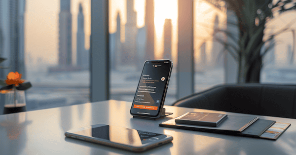 Konto eröffnen in dubai. Ein Handy steht auf einem Schreibtisch. EIne Banking App oist geöffnet. Im Hintergrund sieht man durch bodentiefe Fenster die Skyline von Dubai.