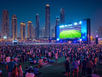 Public Viewing in Dubai. Umrandet von Hochhäusern steht eine Leinwand und eine Menschenmenge guckt begeistert zu
