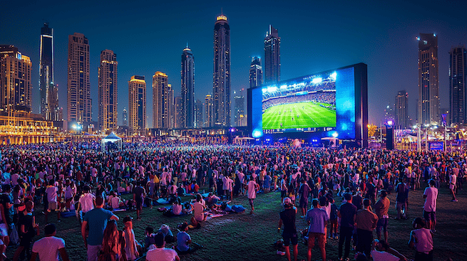 Public Viewing in Dubai Public Viewing in Dubai. Umrandet von Hochhäusern steht eine Leinwand und eine Menschenmenge guckt begeistert zu