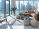 Wohnung mieten in Dubai. Wohnzimmer mit orangenen Möbeln und einem tollen Blick über Dubai Marina