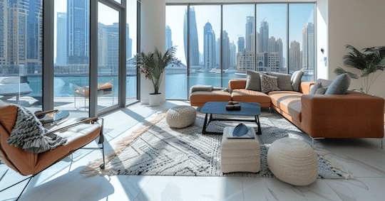 Wohnung mieten in Dubai Wohnung mieten in Dubai. Wohnzimmer mit orangenen Möbeln und einem tollen Blick über Dubai Marina